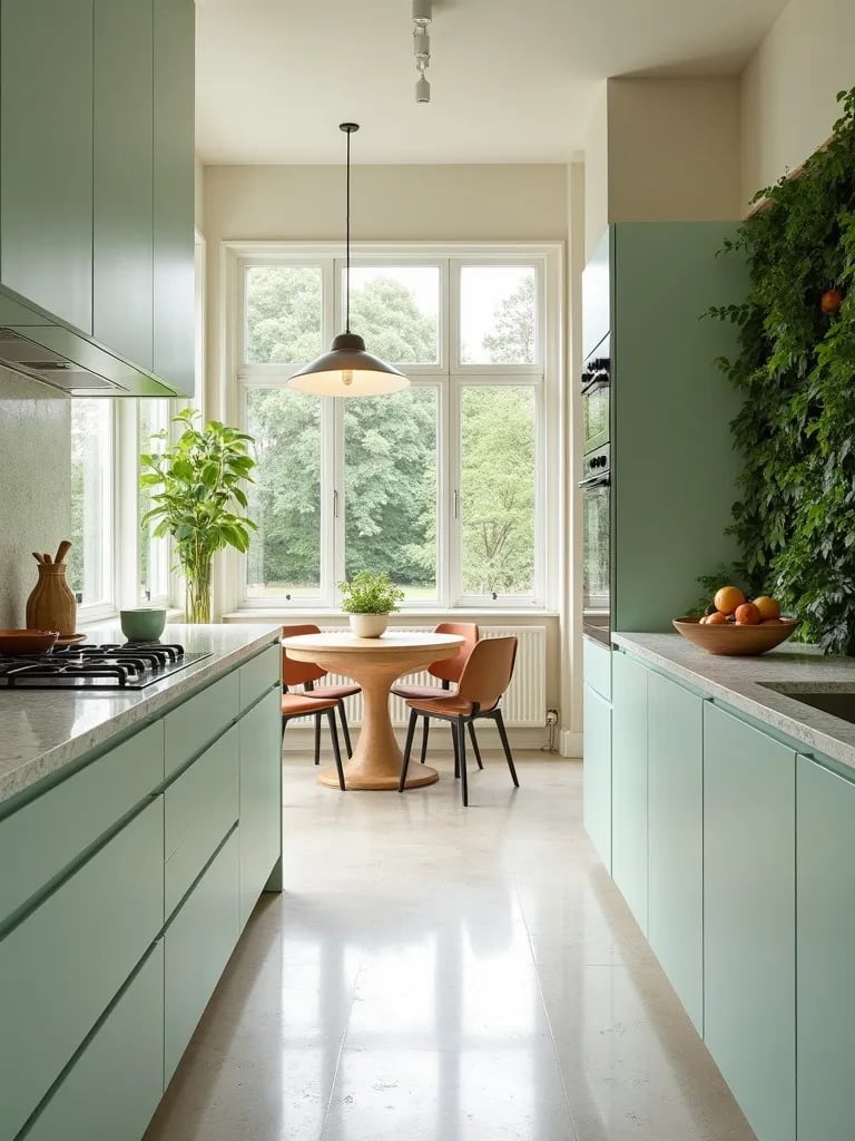 Modern kitchen featuring living plant wall and breakfast nook