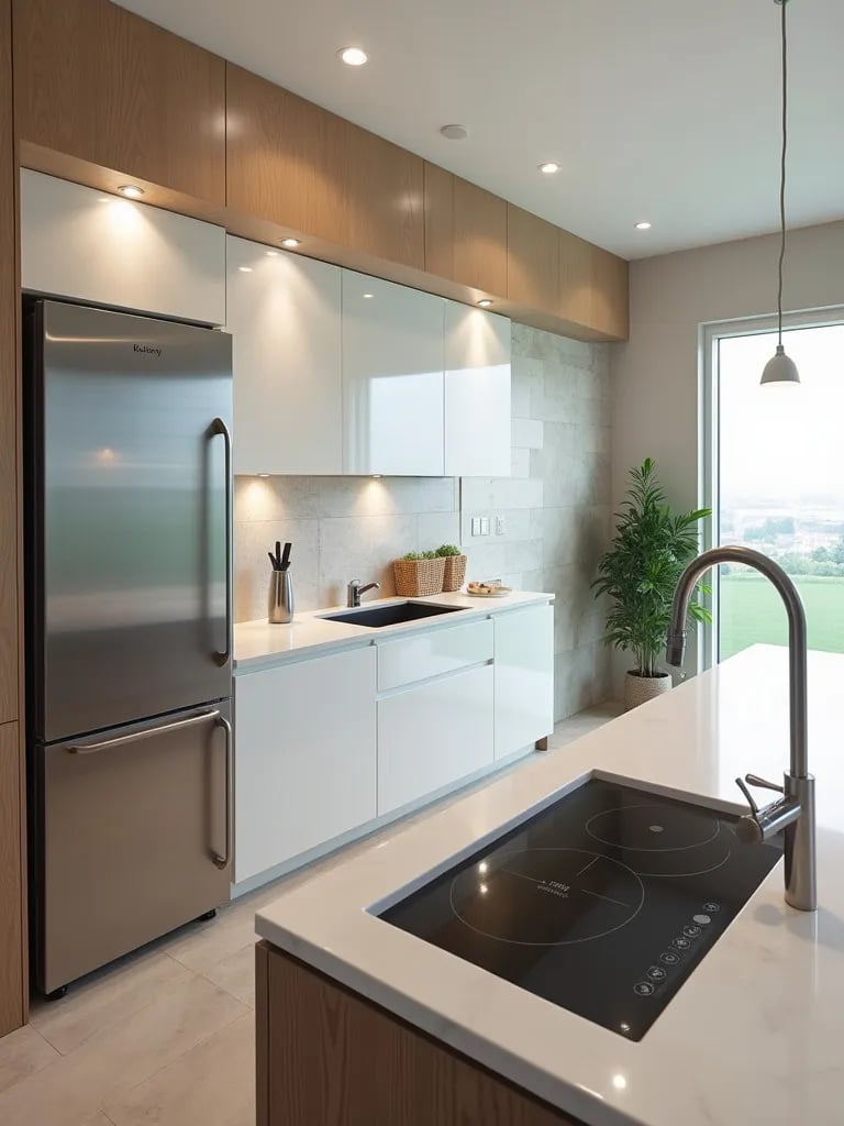 Modern kitchen featuring smart fridge and high tech appliances