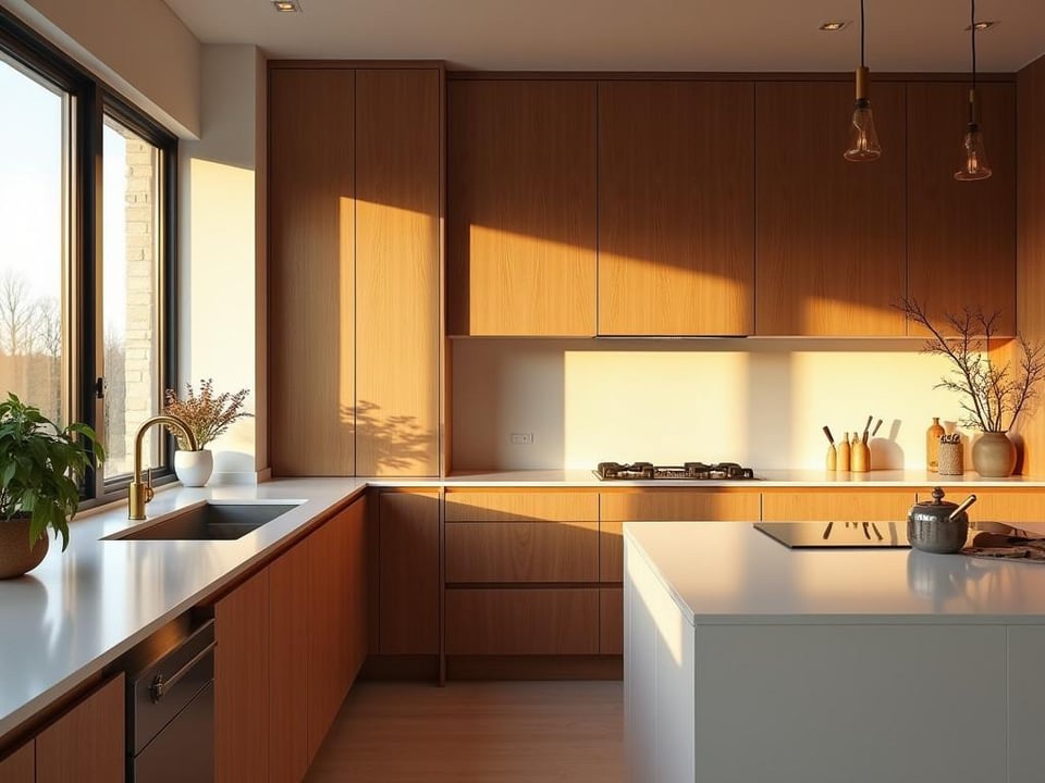 Modern kitchen featuring wood and white elements with brass accents in warm lighting