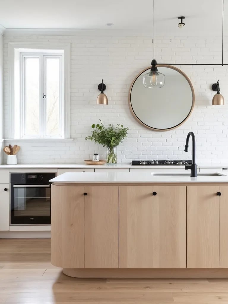 Modern kitchen with black fixtures and large round mirror