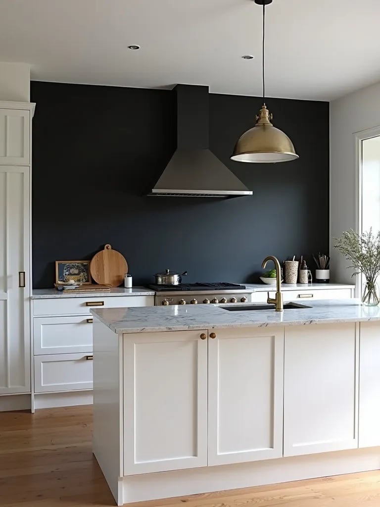 Modern kitchen with brass hardware and industrial pendant light