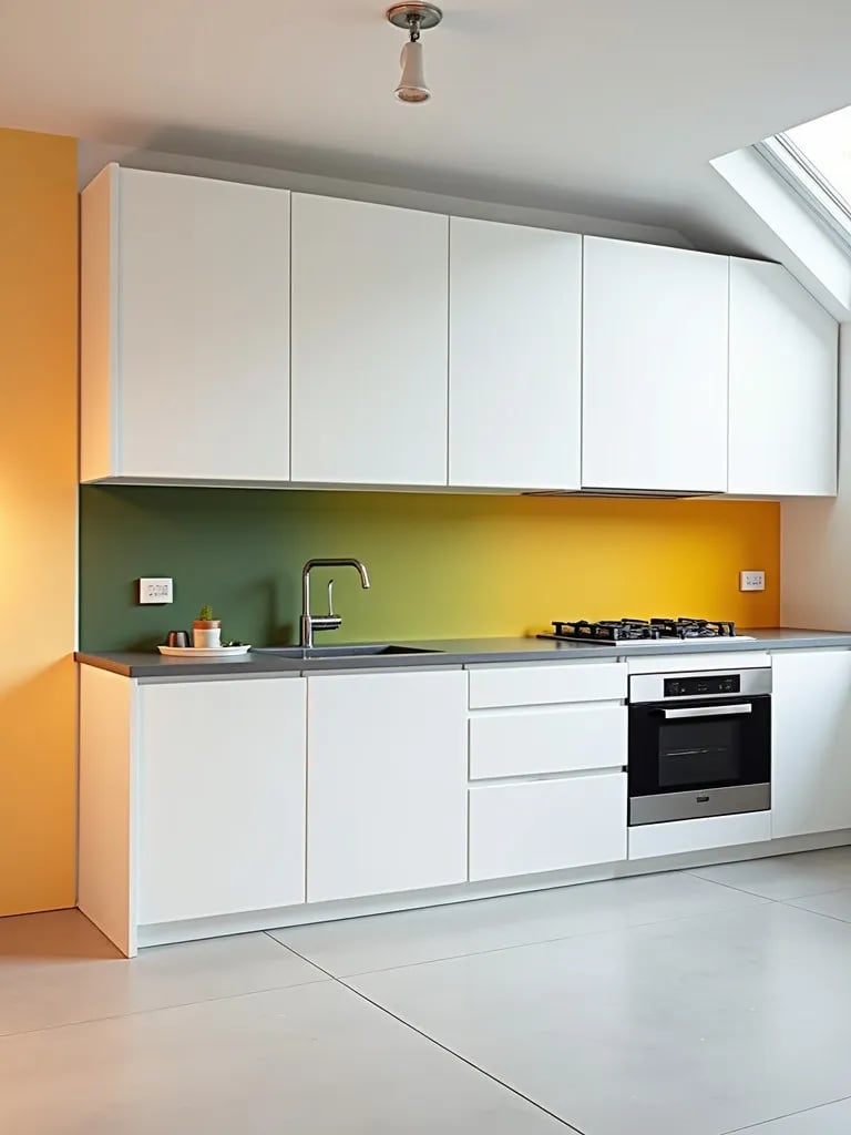 Modern kitchen with colorful backsplash and white cabinetry, corner view