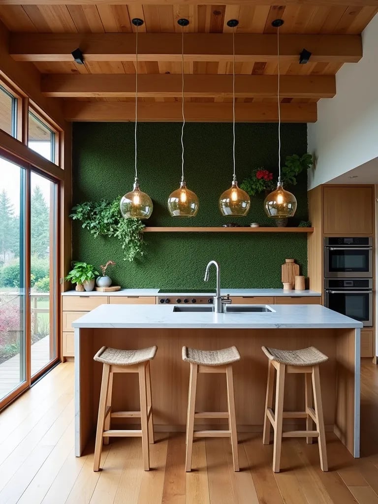 Modern kitchen with herb wall, reclaimed wood floors, and recycled glass lights