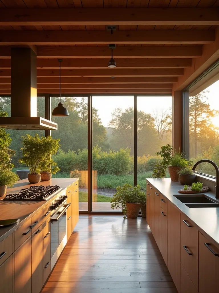 Modern kitchen with rustic touches and view of vegetable garden