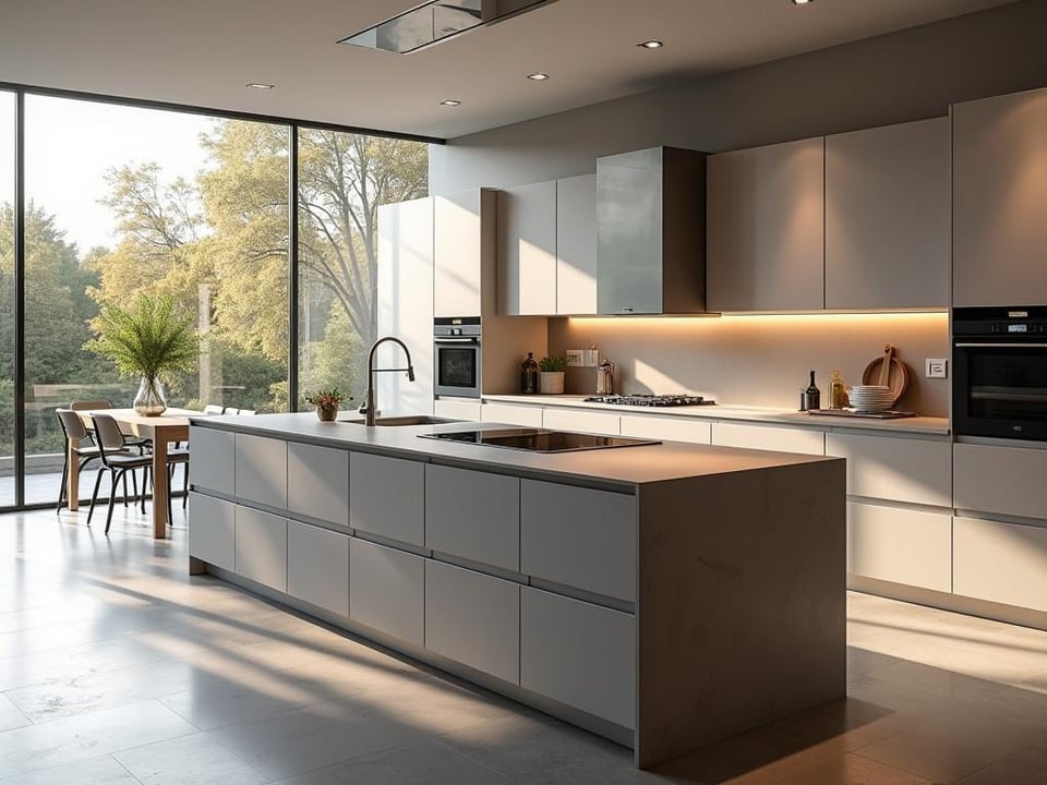 Modern kitchen with touchscreen cooktop and holographic display on island