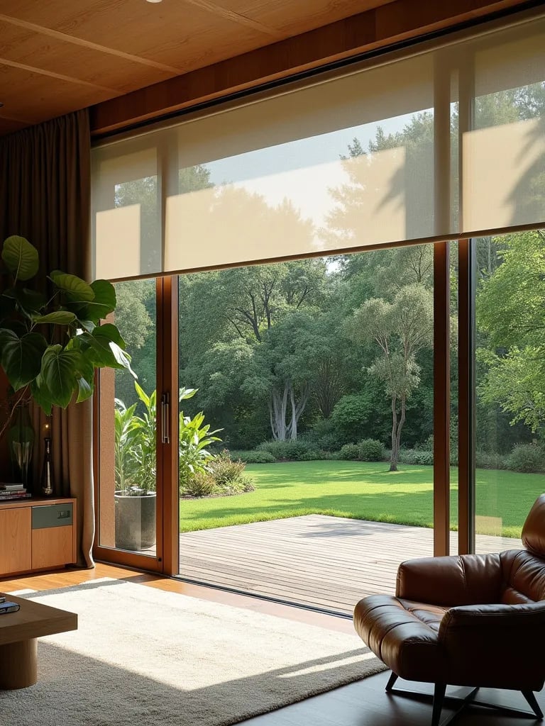 Modern living room with glass wall overlooking lush garden