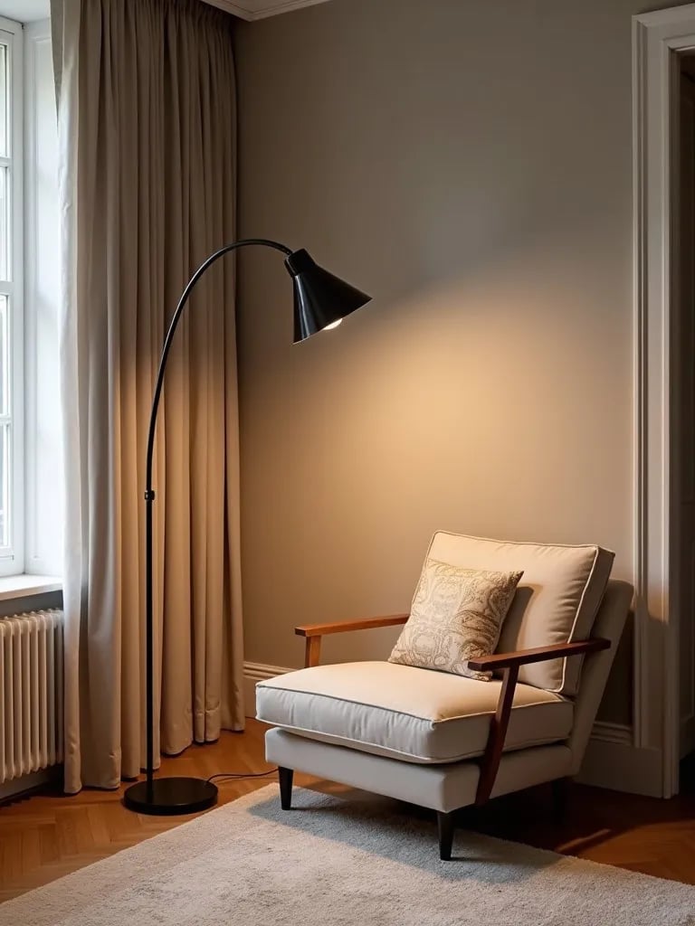 Modern living room with large arc floor lamp over reading nook