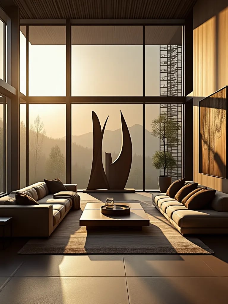 Modern living room with sculptural art installation and floor to ceiling windows
