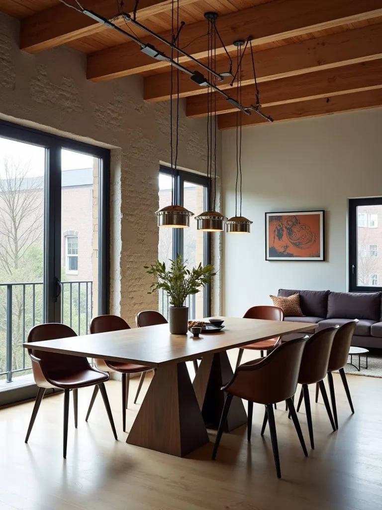 Modern loft dining space with unique table and plastic chairs