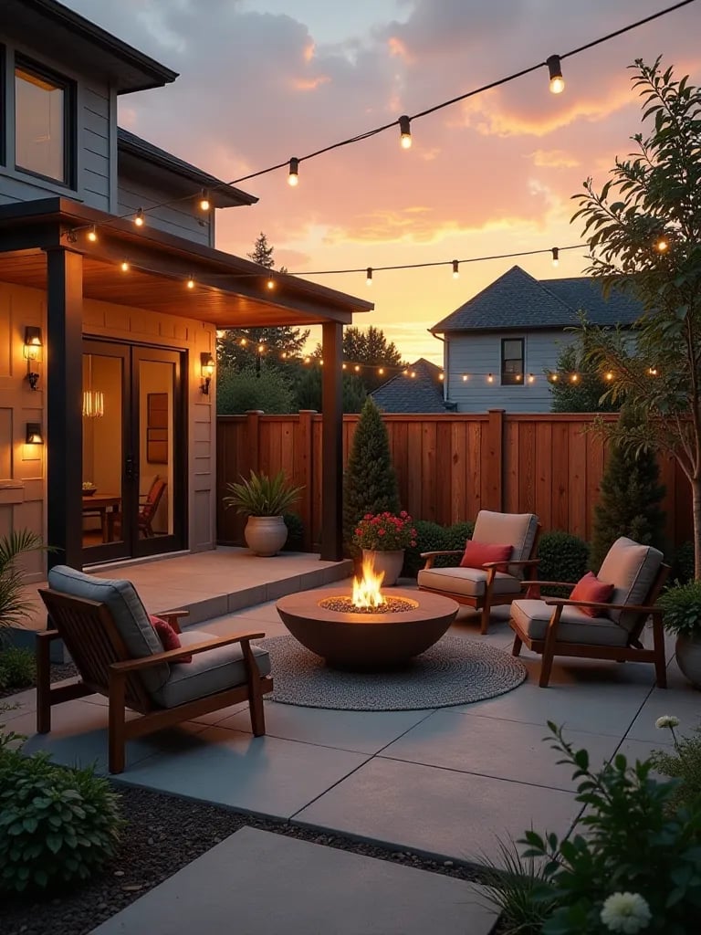 Modern patio with concrete and wood decking, fire pit, and string lights at sunset