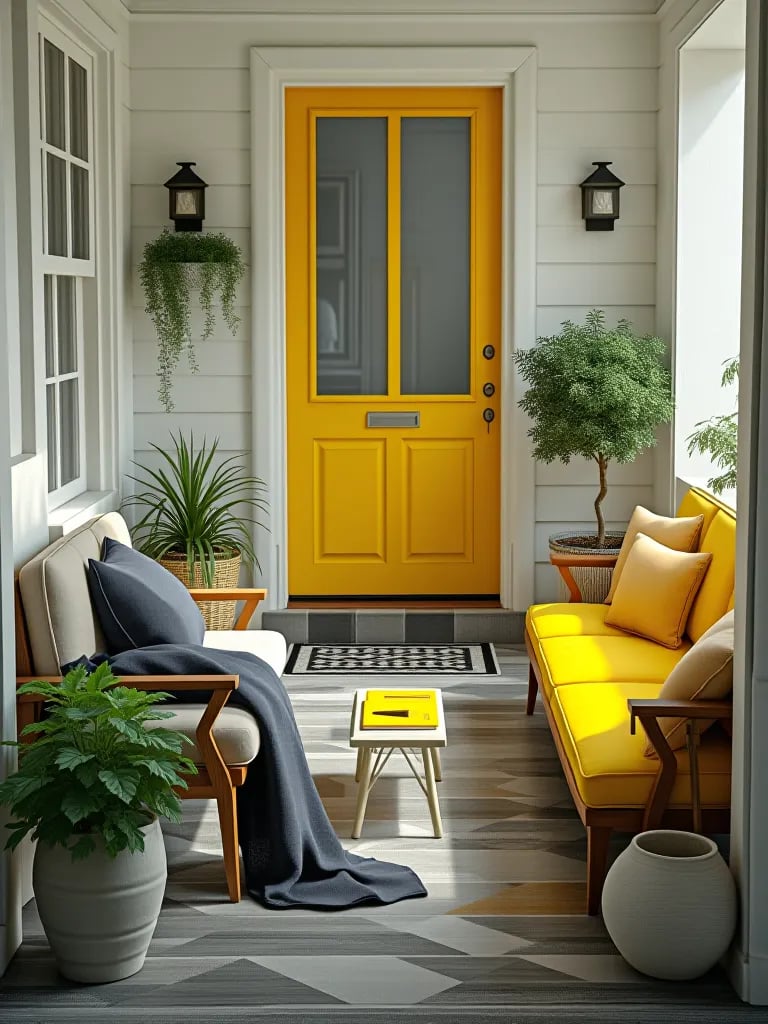 Modern porch with charcoal geometric floor, white walls, and yellow accents