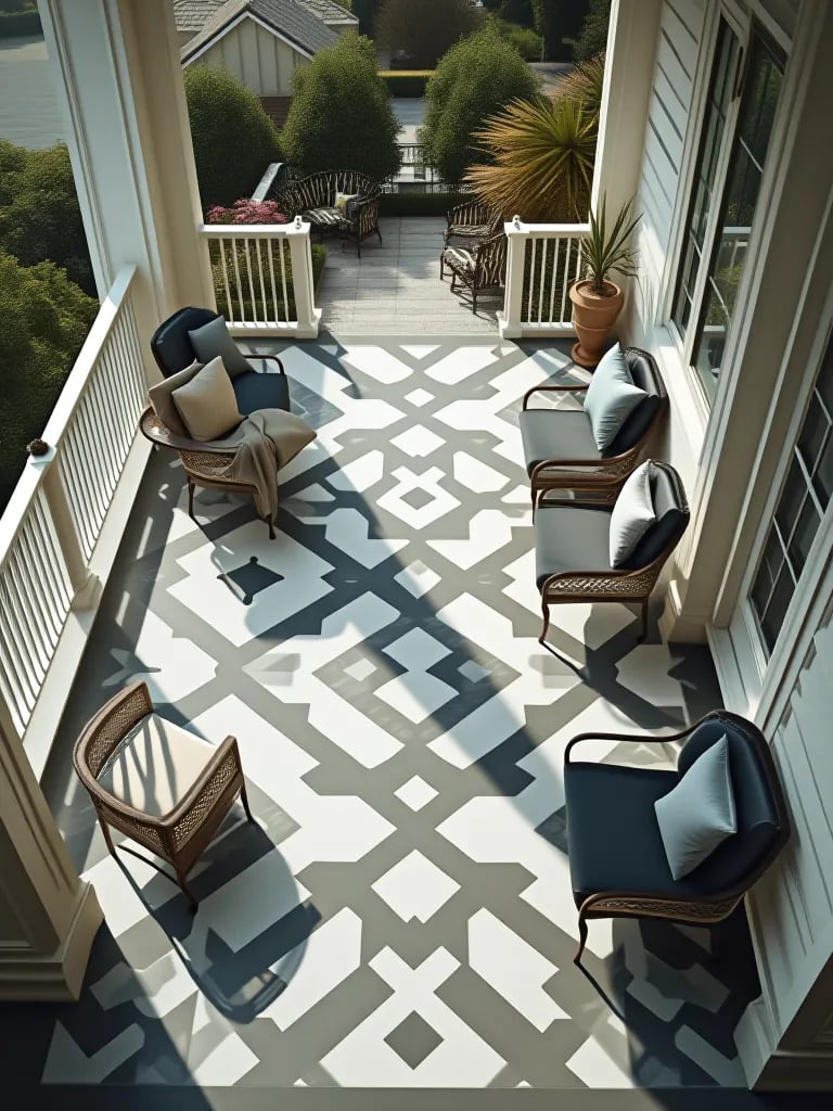 Modern porch with geometric pattern painted on floor in gray and white