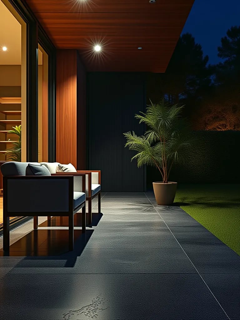 Modern porch with glossy charcoal epoxy floor and minimalist furniture at night