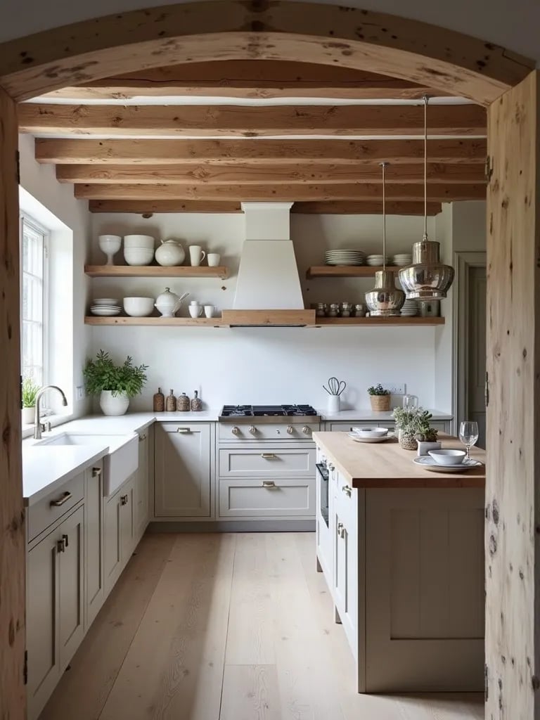 Modern rustic Scandinavian kitchen with open shelving and large island