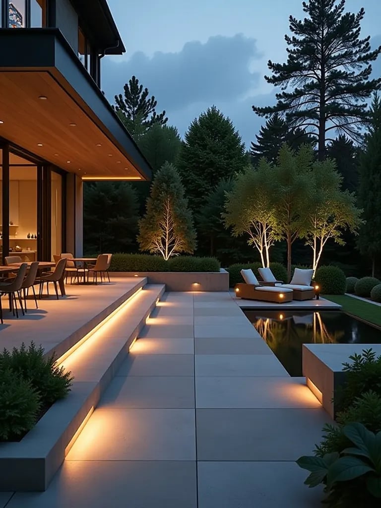 Modern tiered patio with built in planters and water feature at dusk