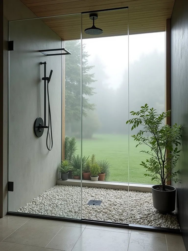 Modern walk in shower with pebble floor and garden view on misty morning