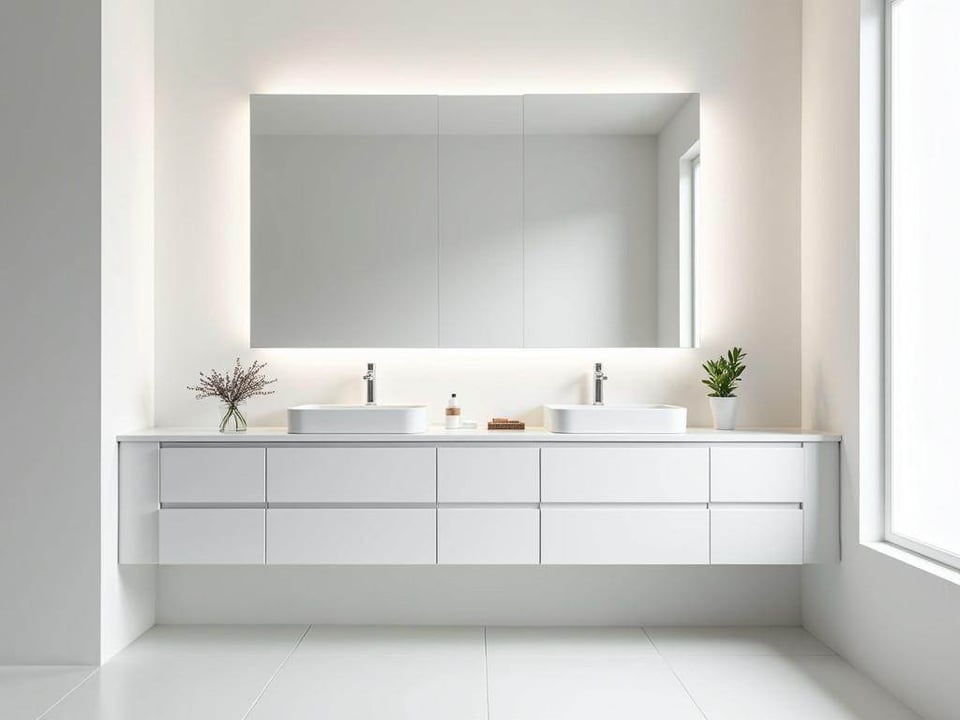 Modern white bathroom with large storage vanity and illuminated mirror