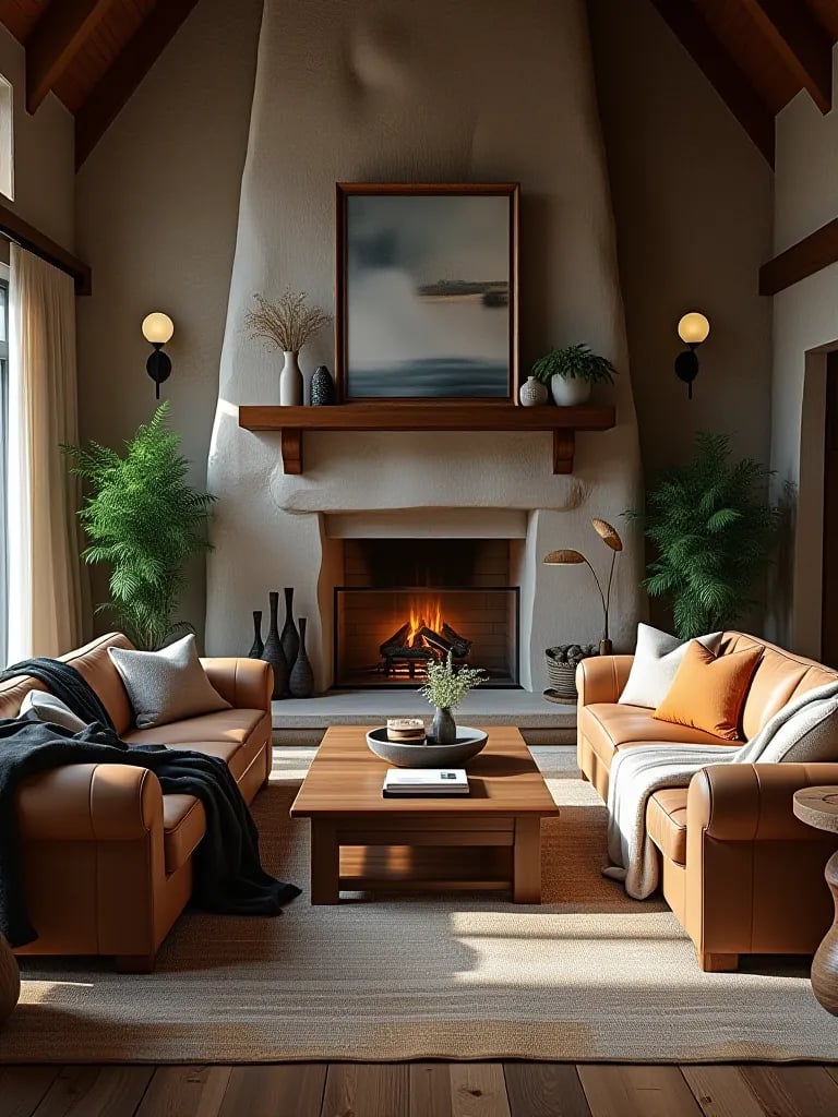 Morning light in rustic living room with ferns and birch log accents