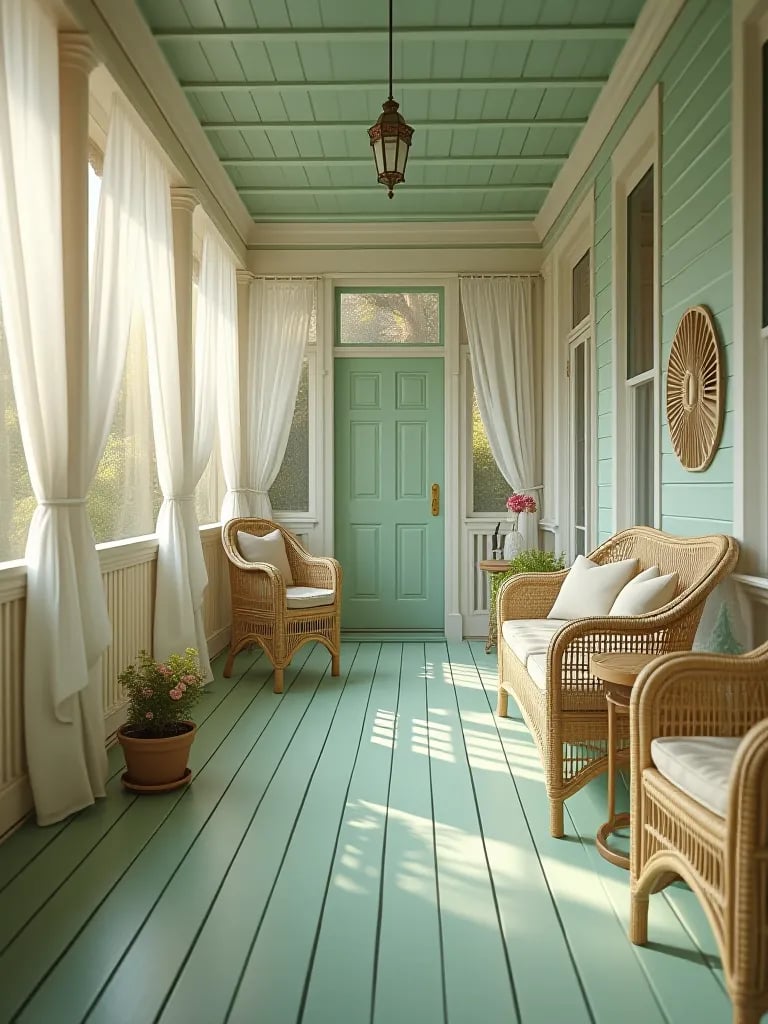 Morning light in screened porch with mint floor and billowing curtains
