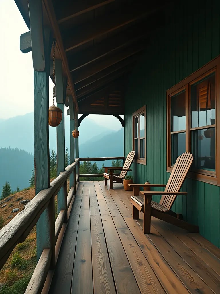 Mountain cabin featuring dark green porch with wooden accents