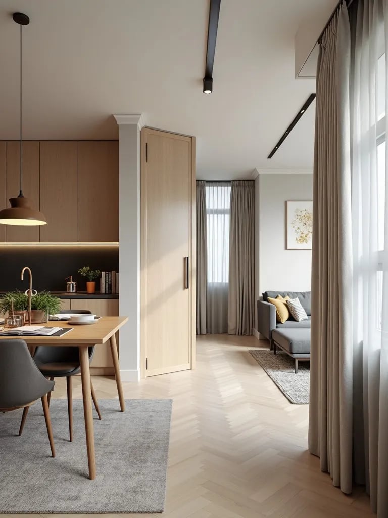 Multi functional space with dining area, office nook, and lounge section