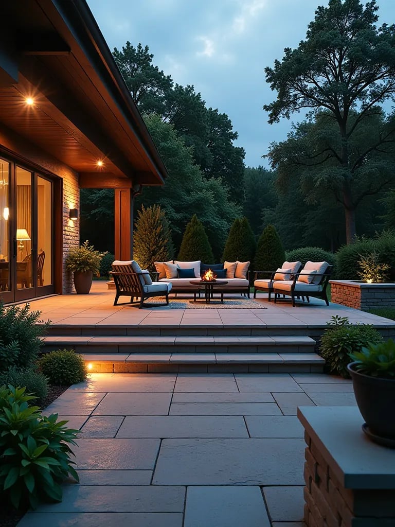 Multi level patio with stamped concrete and flagstone, water feature, and lounge furniture at twilight