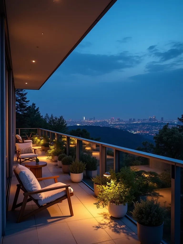 Multi zone balcony with varied lighting for work, lounging, and plants