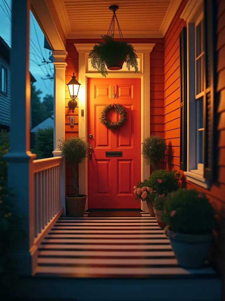 Narrow porch with striped floor, coral door, and glowing lights at dusk