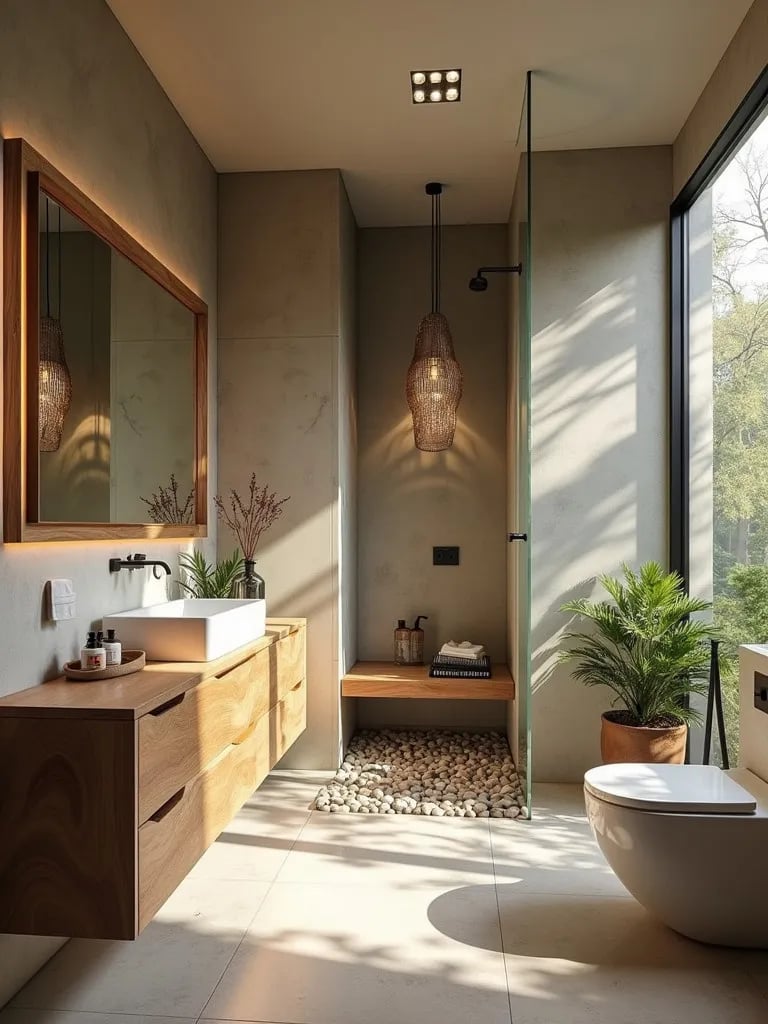 Natural bathroom with wood vanity and pebble shower floor