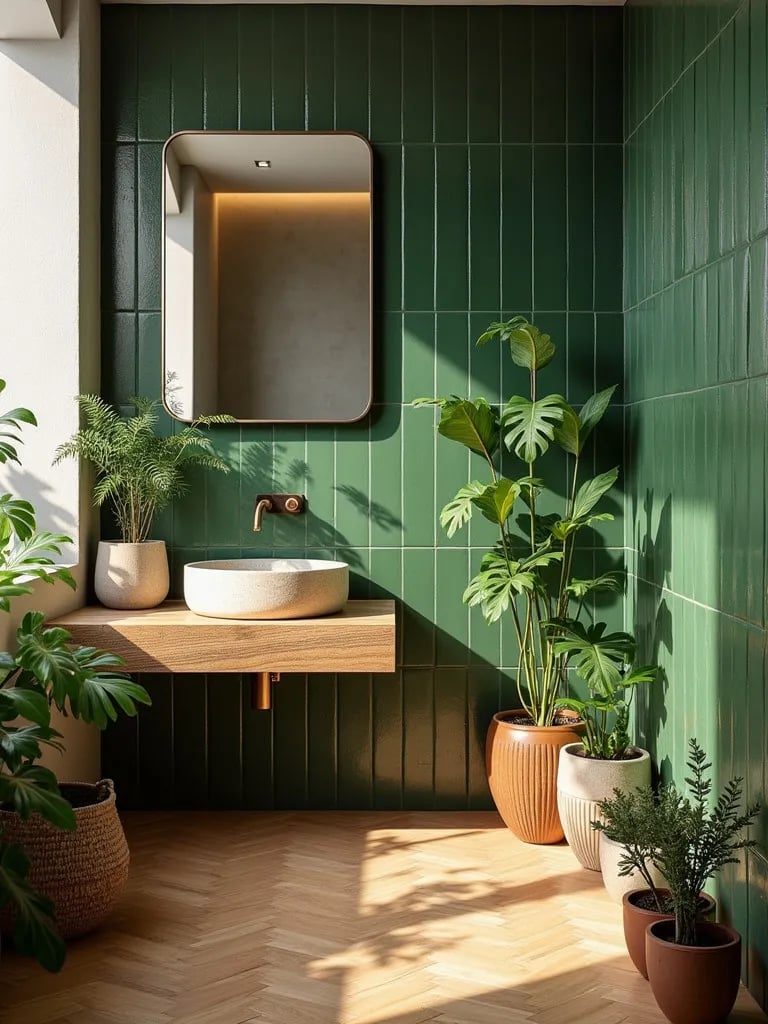 Nature inspired bathroom with leaf patterned tiles and wood look floor