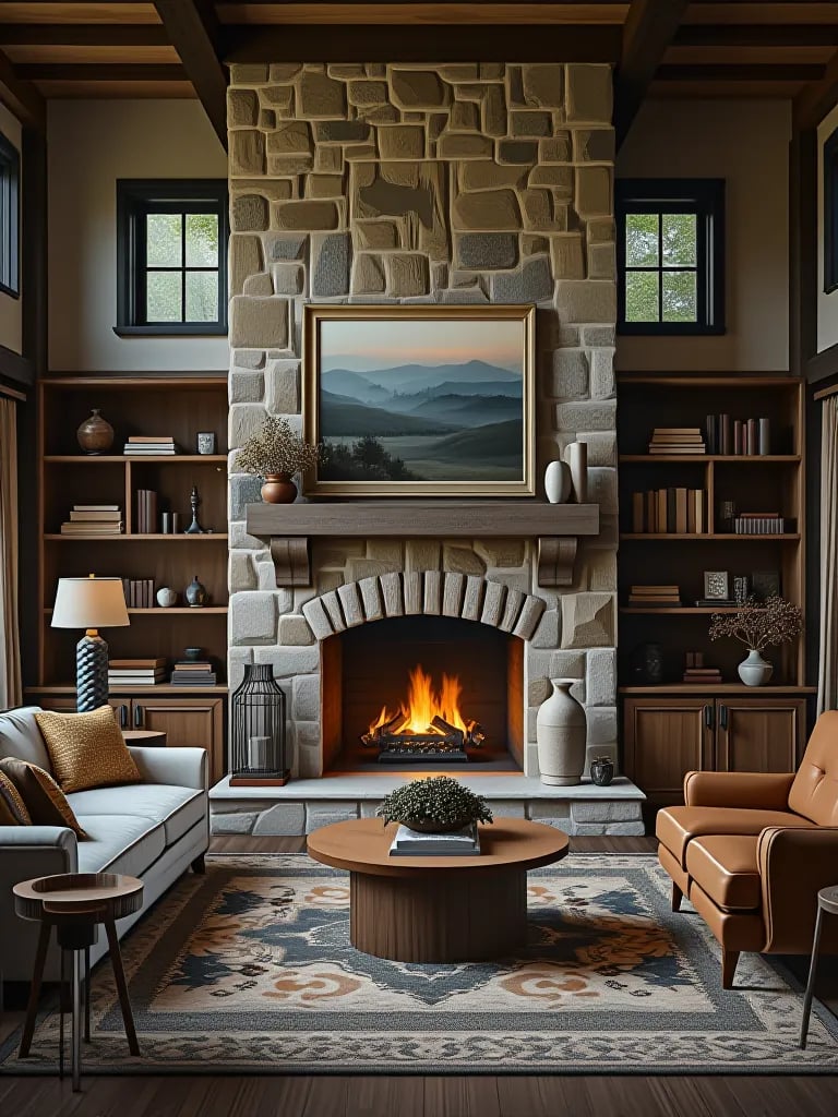 Nature inspired rustic living room with large window and cozy furniture
