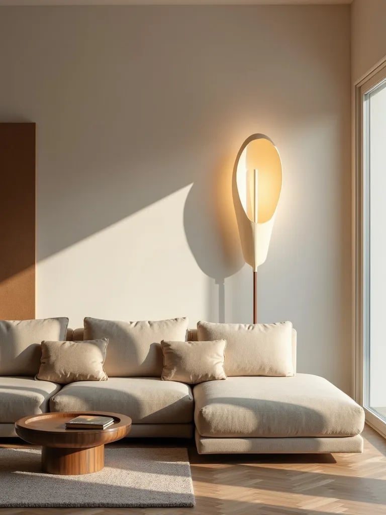 Neutral living room featuring large organic shaped biodegradable lamp