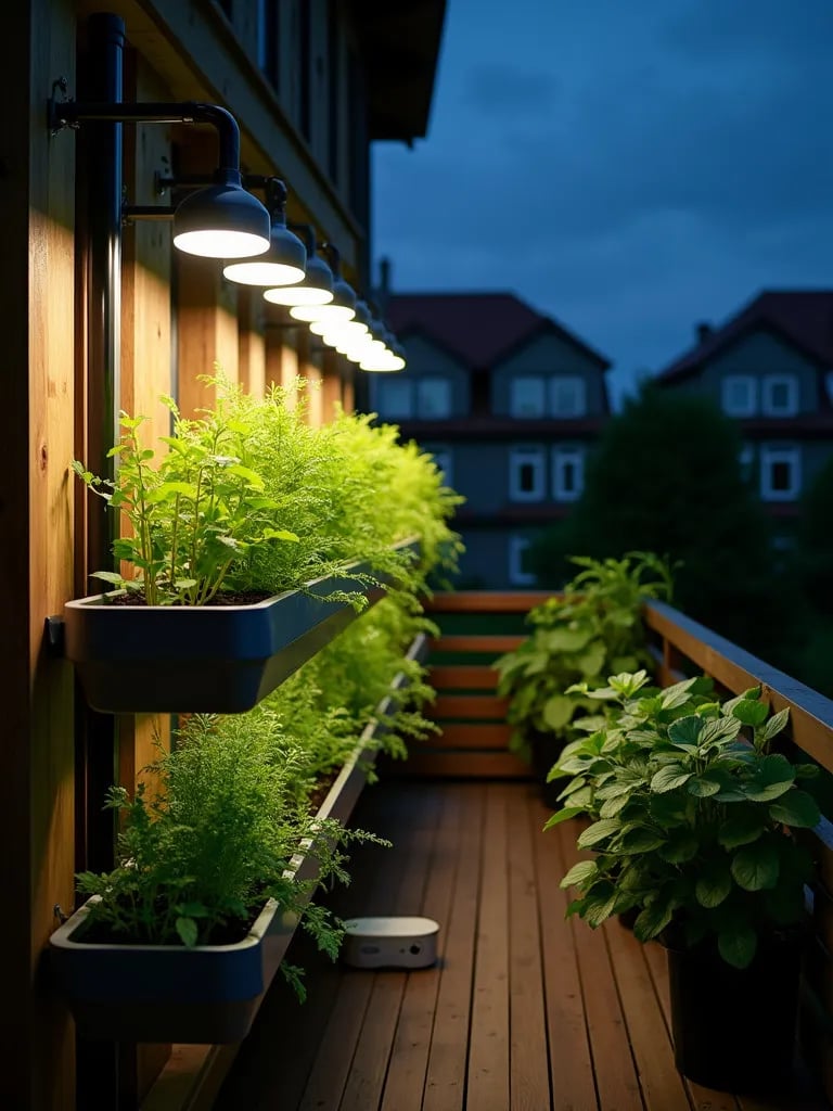 Night view of balcony with illuminated vertical planters and smart tech
