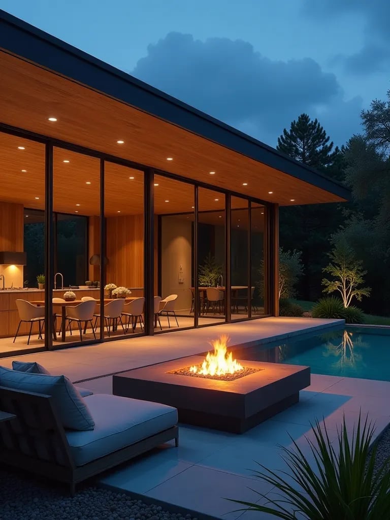Night view of modern patio with cantilevered roof and sunken conversation pit