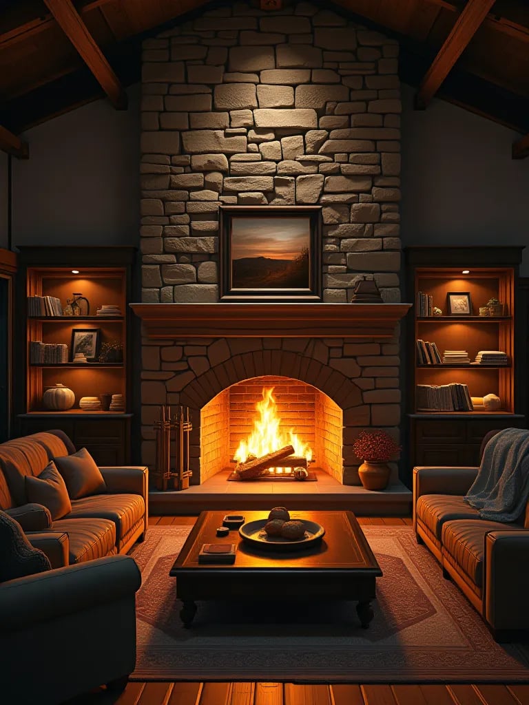 Night view of rustic room with fireplace and lit built in shelves