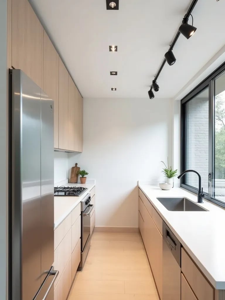 Open concept Scandinavian kitchen with black track lights illuminating white and wood surfaces