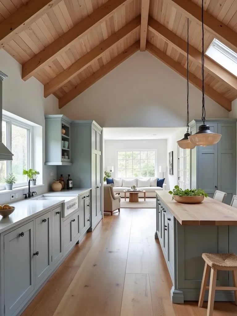 Open concept Scandinavian kitchen with vaulted ceiling and farmhouse table
