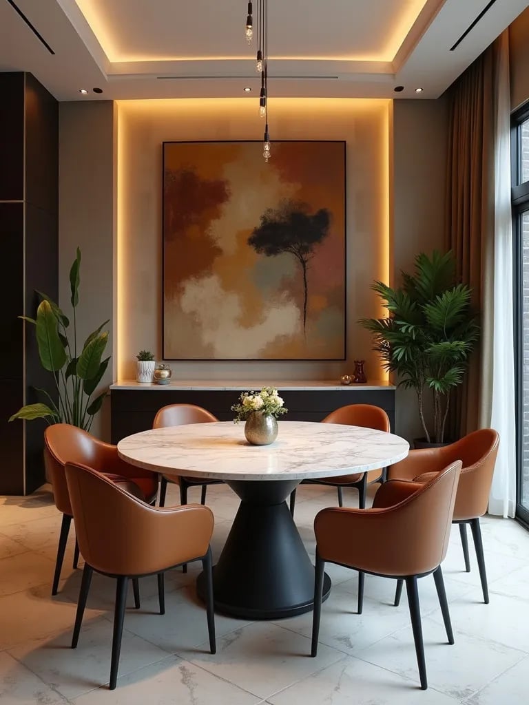 Open concept dining area with round marble table and abstract art