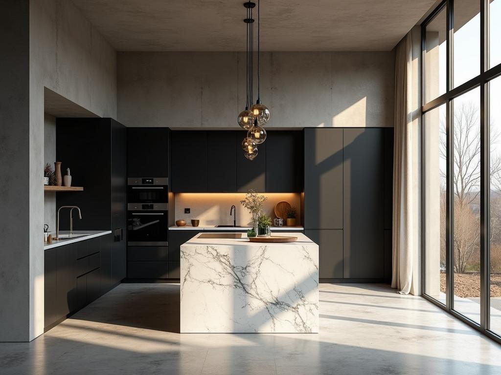 Open concept kitchen with black cabinets and marble island