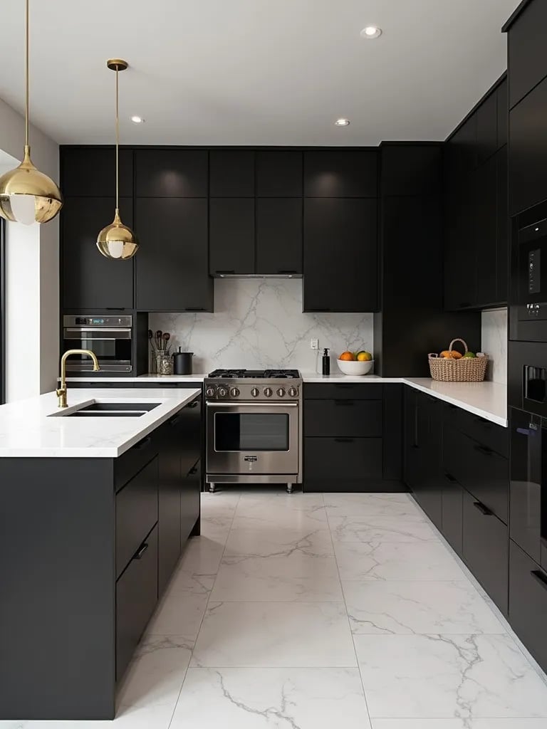 Open concept kitchen with black cabinets, marble countertops, and brass accents