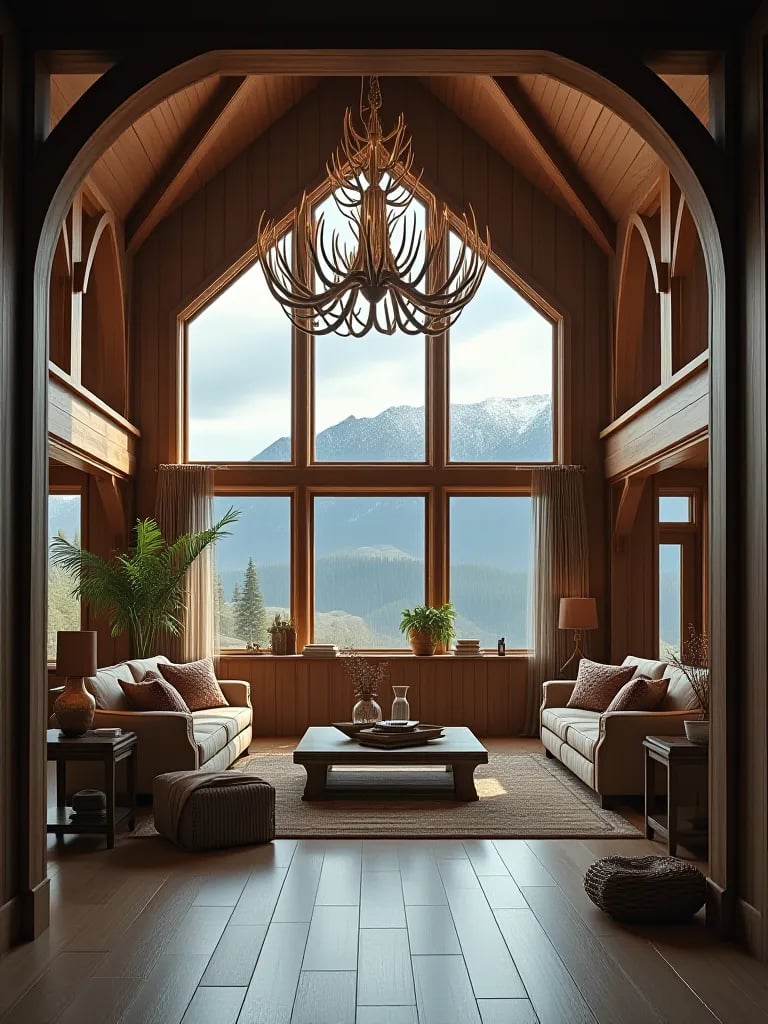 Open concept rustic living room with high ceilings and panoramic mountain views