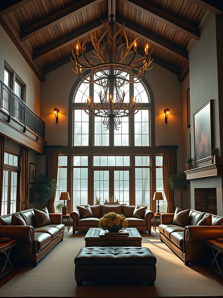 Open concept rustic living room with vaulted ceiling and antler chandelier