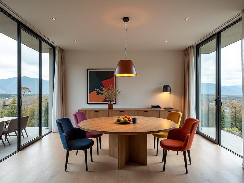 Open dining area with large round wooden table and colorful chairs