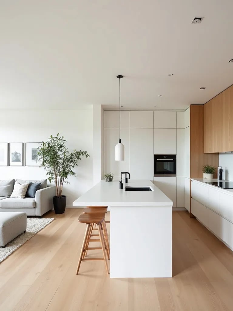 Open plan Scandinavian kitchen and living area with long counter divider