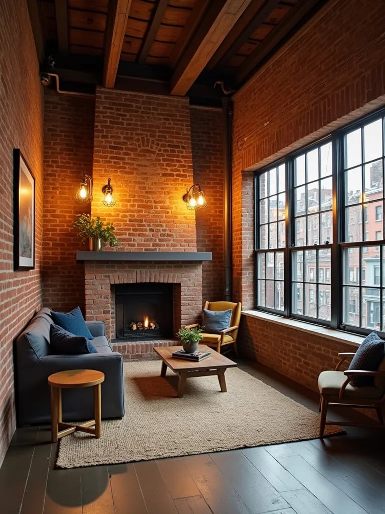 Open plan loft with industrial style wall sconces illuminating brick walls