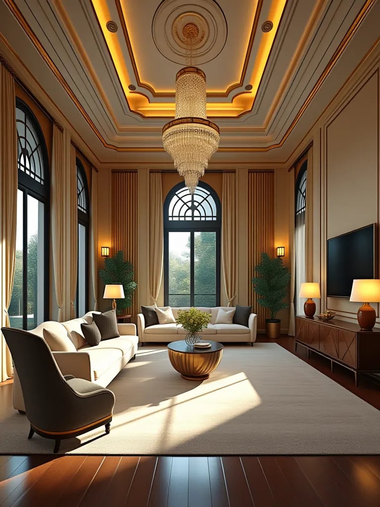 Opulent Art Deco living room with geometric patterns and gold accents