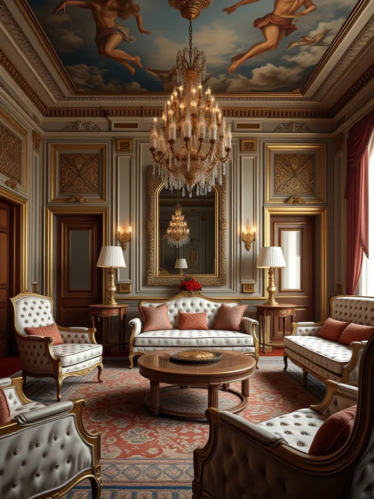 Opulent Baroque living room with gilded mirrors and ornate frescoes
