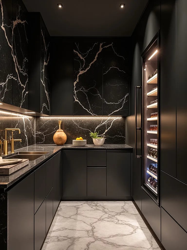 Opulent kitchen with dark marble surfaces and gold fixtures