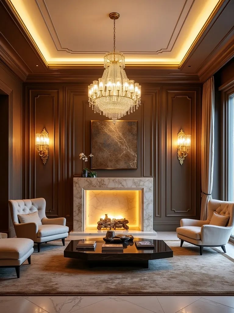 Opulent living area featuring art deco lighting elements and backlit fireplace