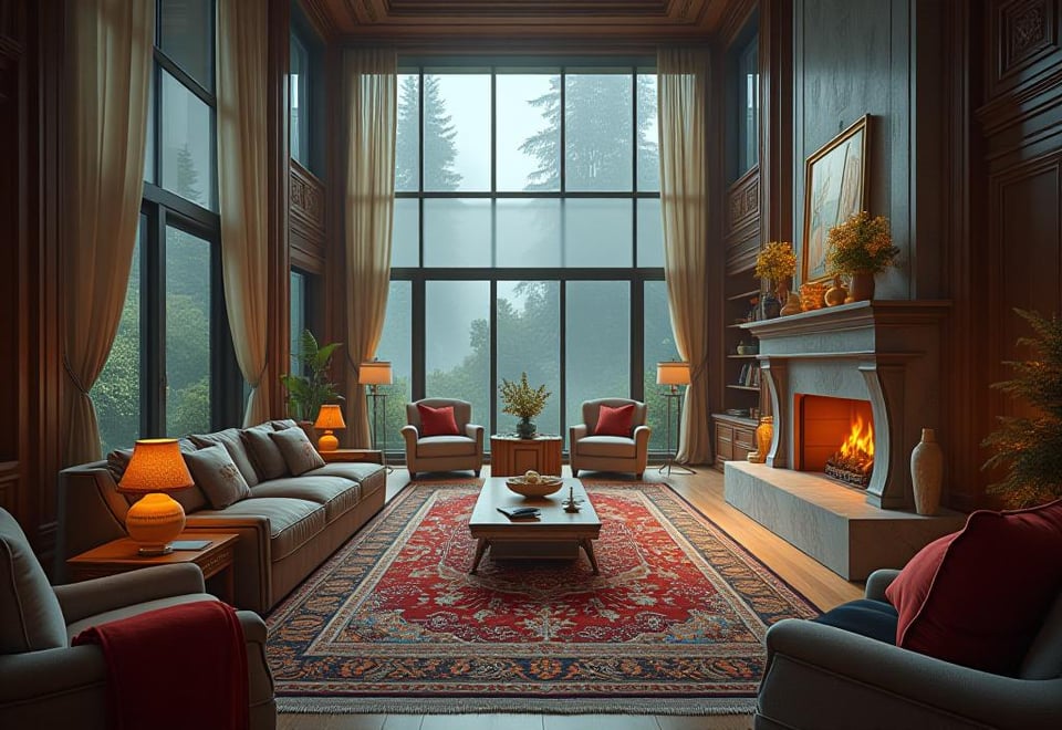 Opulent living room featuring a grand Persian rug and fireplace